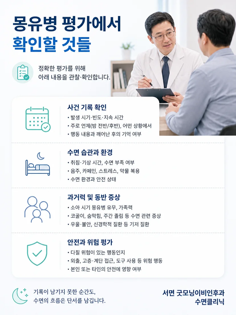 몽유병 진료에서 수면 습관과 야간 행동을 확인하는 평가 과정 이미지