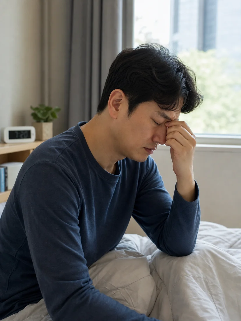 침대에 누운 시간과 실제 잠든 시간이 다를 수 있음을 설명하는 그림