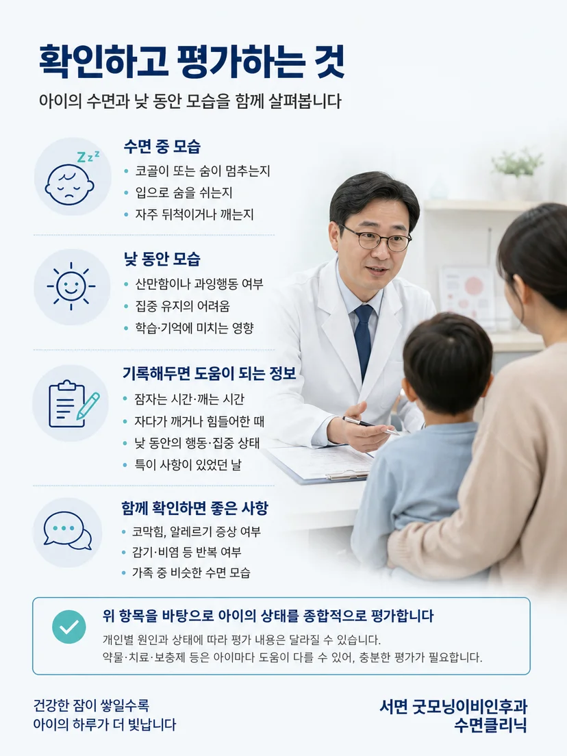 소아의 야간 호흡과 낮 행동을 함께 평가하는 진료 과정 이미지