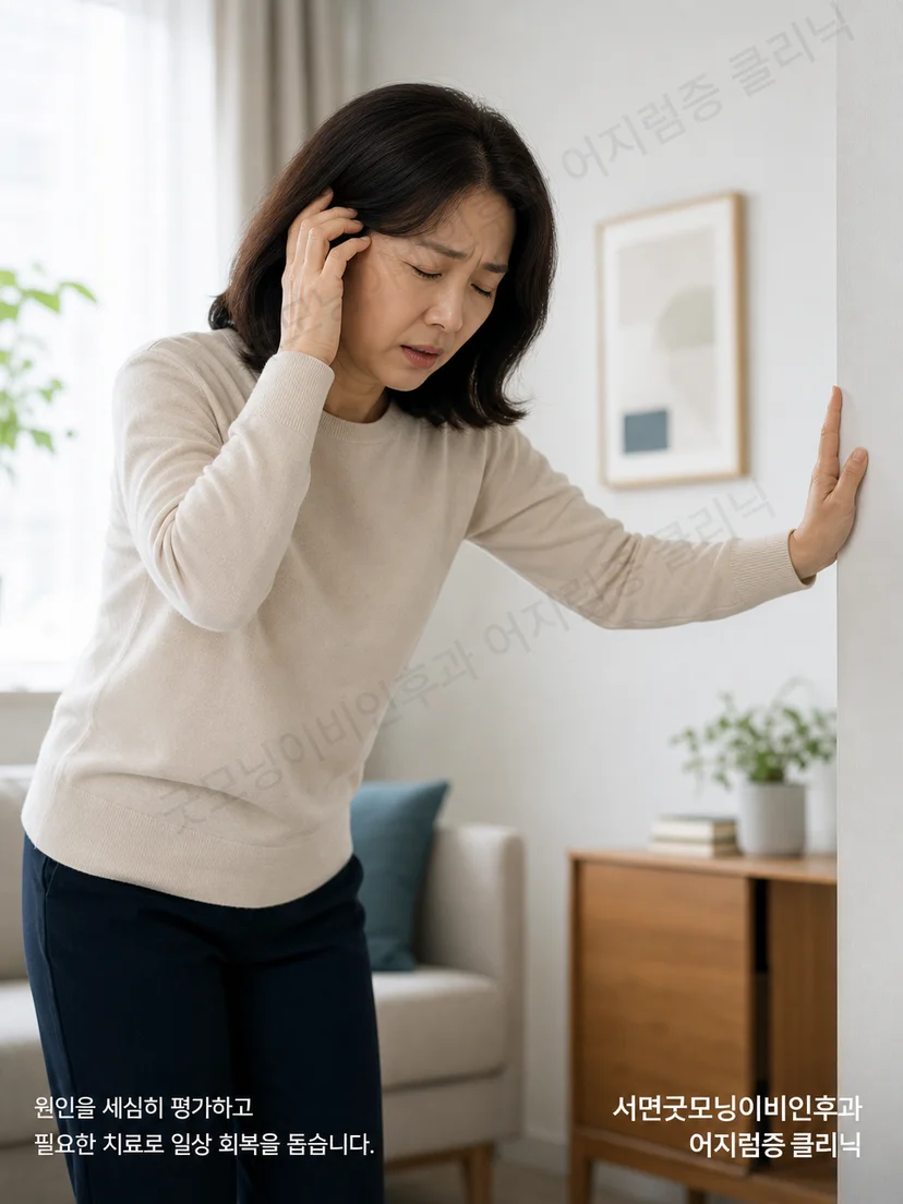 반복되는 어지럼과 청력 변동을 겪는 환자 상황 안내 이미지