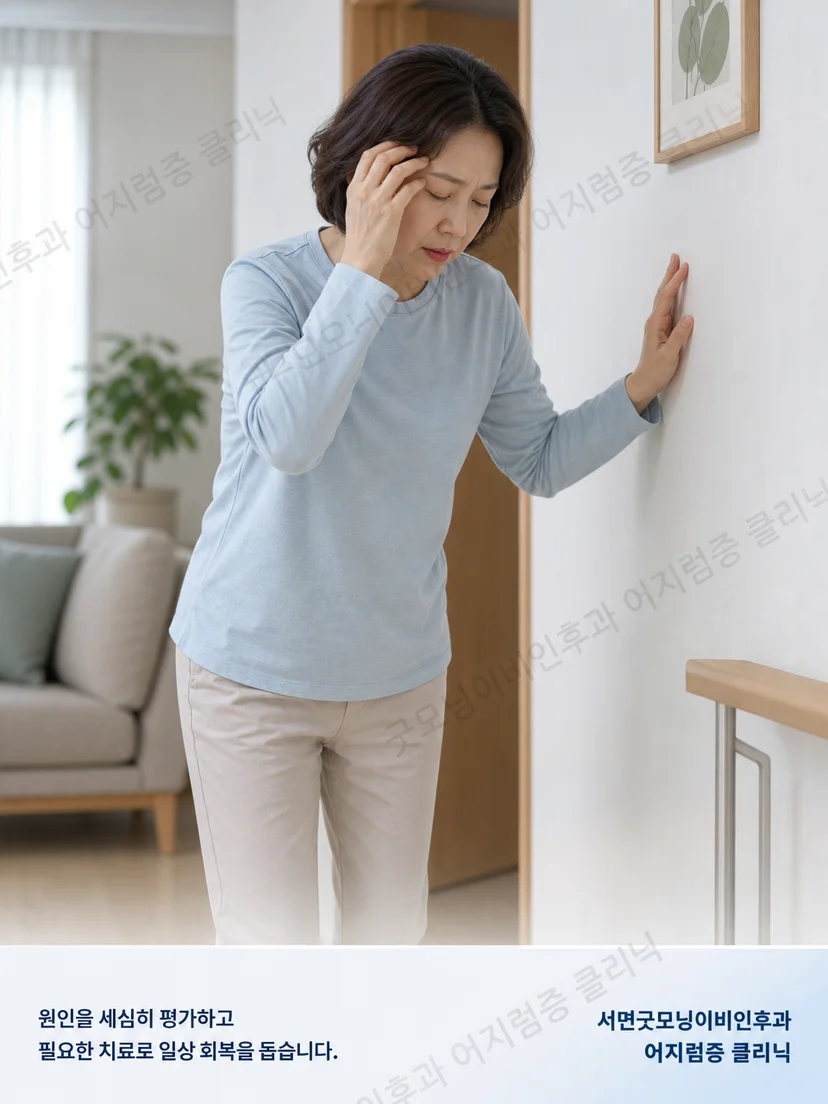 이석치환술 후 천천히 걸으며 균형 불편을 느끼는 환자 상황 이미지