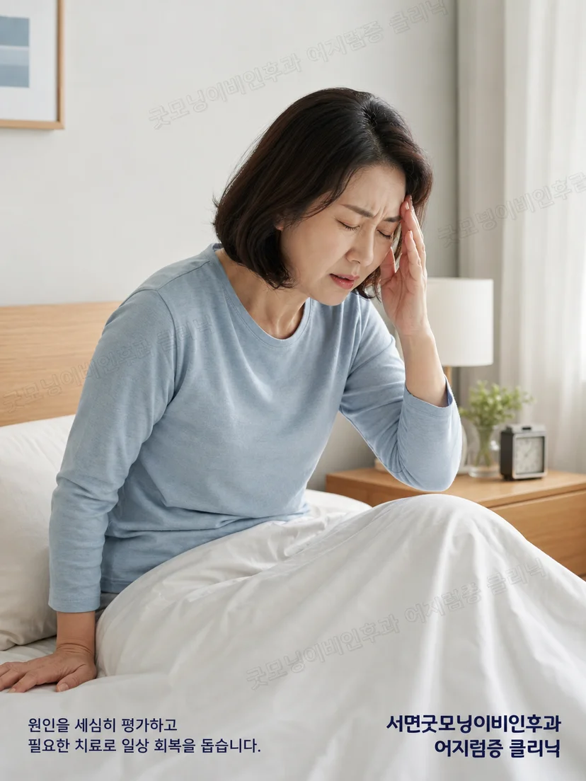 침대에서 몸을 돌릴 때 다시 어지럼을 느끼는 환자 상황
