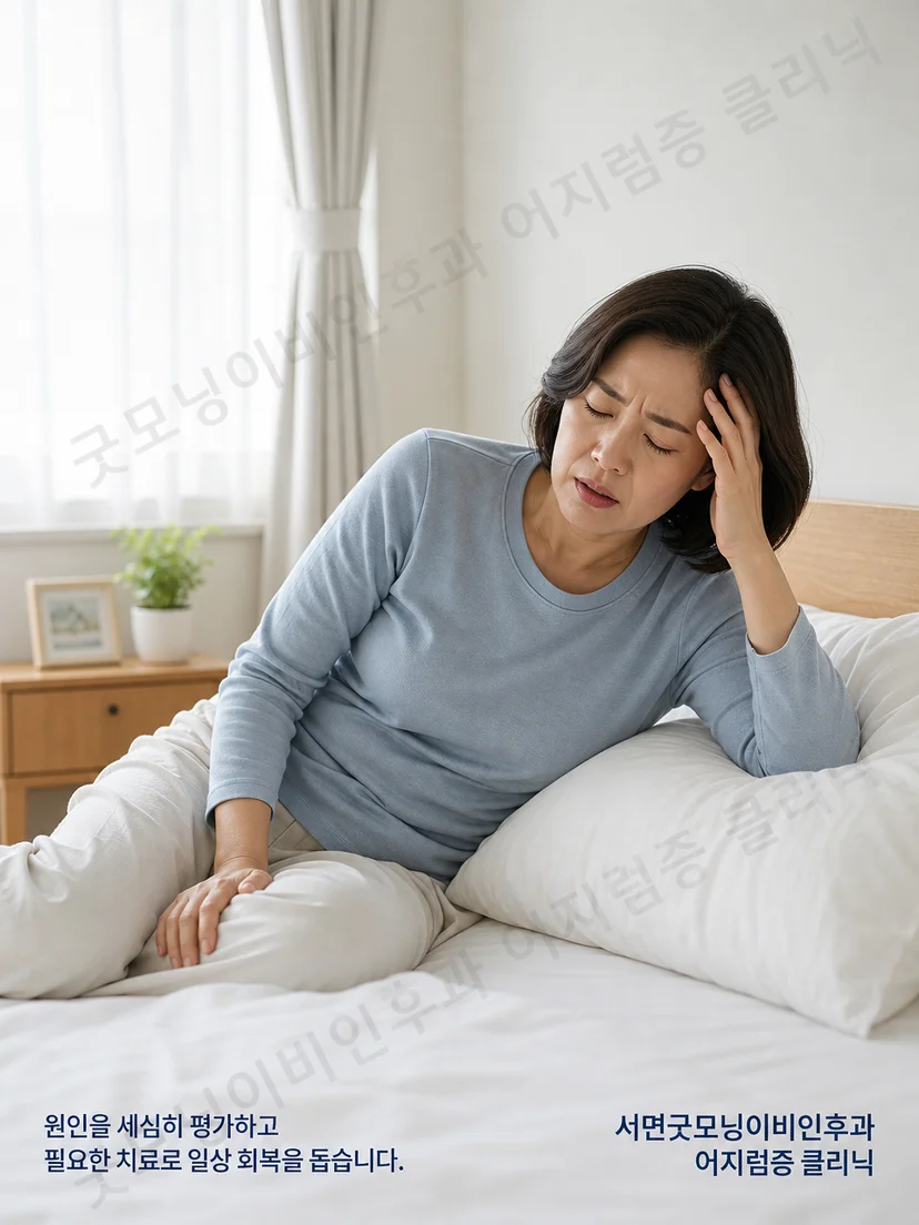 침대에서 눕고 돌아눕는 상황에서 발생하는 자세성 어지럼 설명