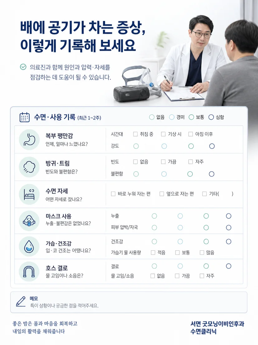 의료진이 양압기 복부 팽만의 발생 상황을 확인하는 이미지