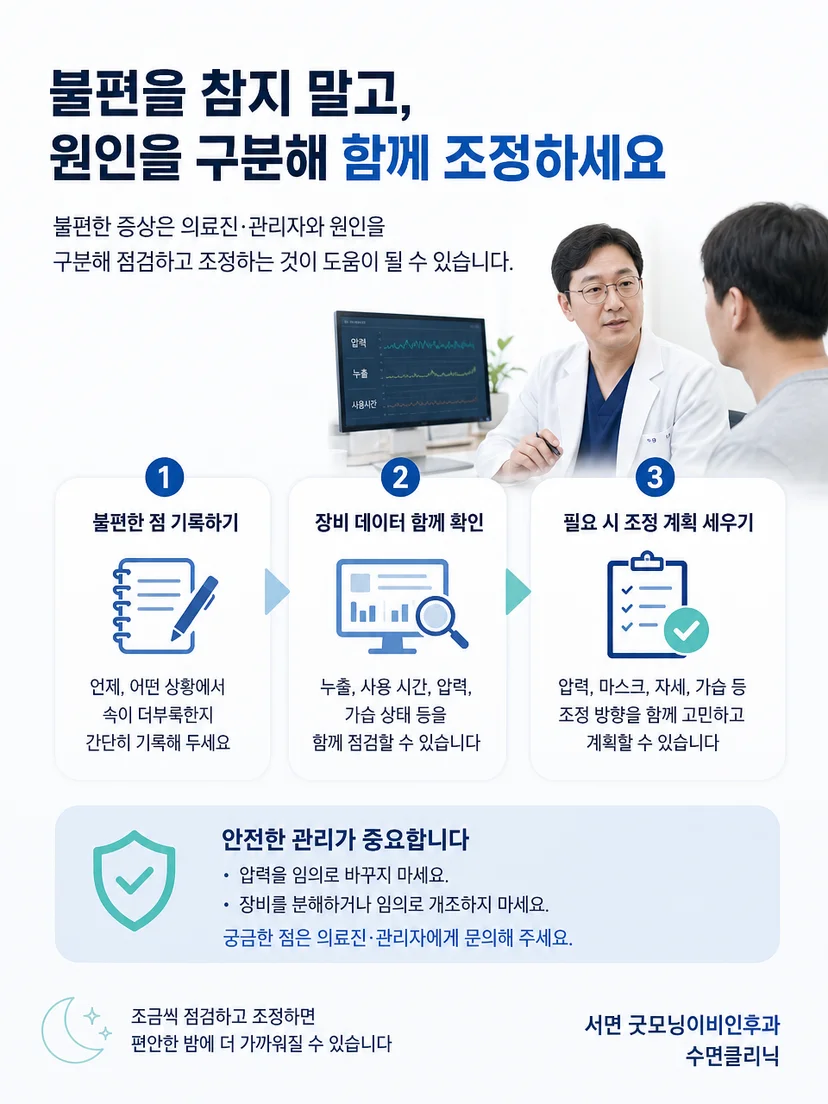의료진과 양압기 압력 및 착용 상태를 점검하는 관리 이미지
