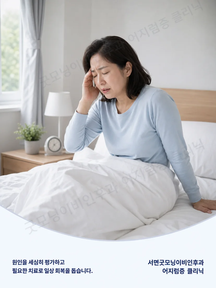 성인 환자가 아침에 침대에서 몸을 일으키며 어지럼을 느끼는 상황