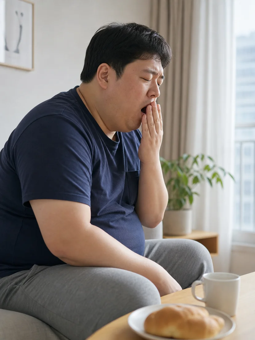 체중 변화와 코골이 및 낮 피로의 관계를 살펴보는 환자 상황 그림