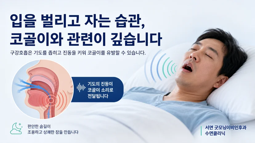 입을 벌리고 자는 습관과 코골이의 관계를 설명하는 핵심 이미지