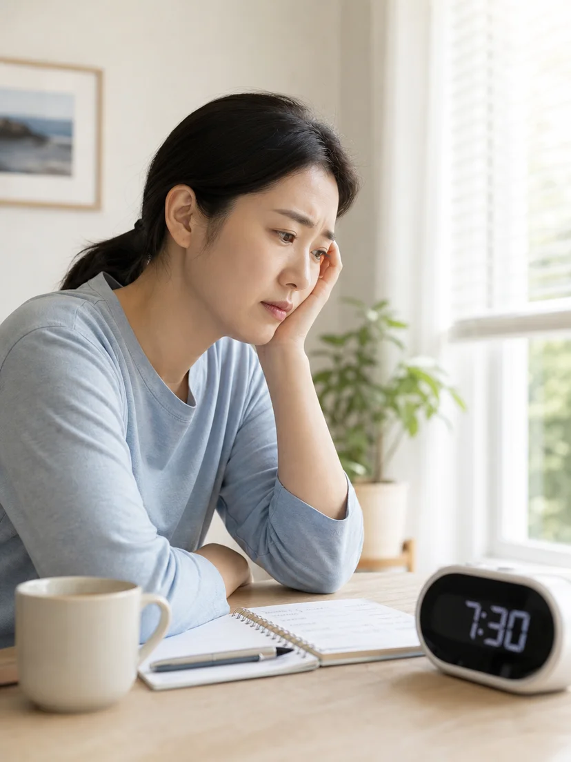 잠들지 못할 때 시간과 다음 날 일정을 걱정하는 상황을 보여주는 이미지
