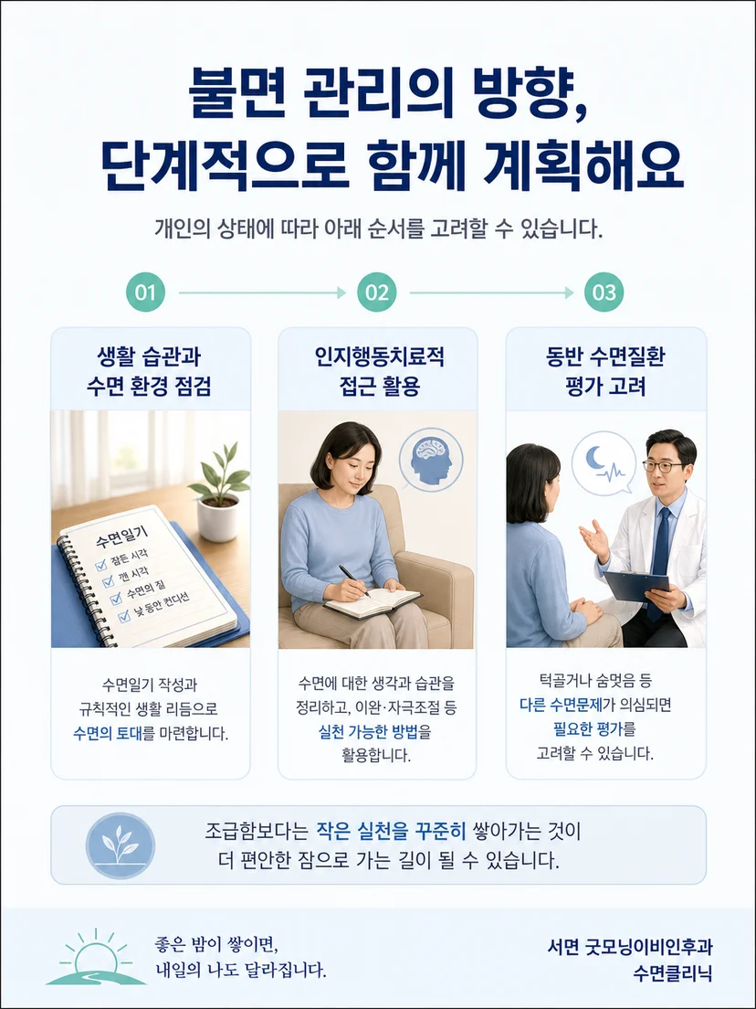 규칙적인 기상과 수면일기를 활용한 불면 비약물 관리 이미지