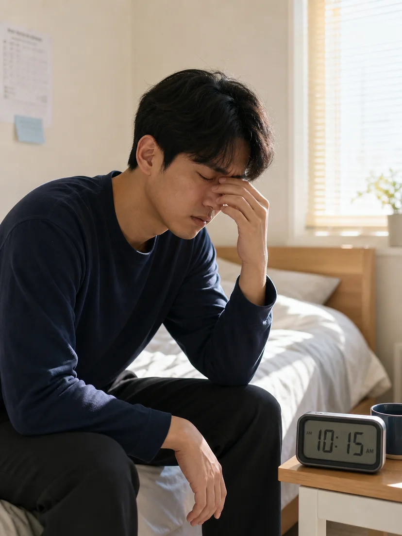 야간근무자가 햇빛과 생활 소음 속에서 낮잠을 시도하는 상황