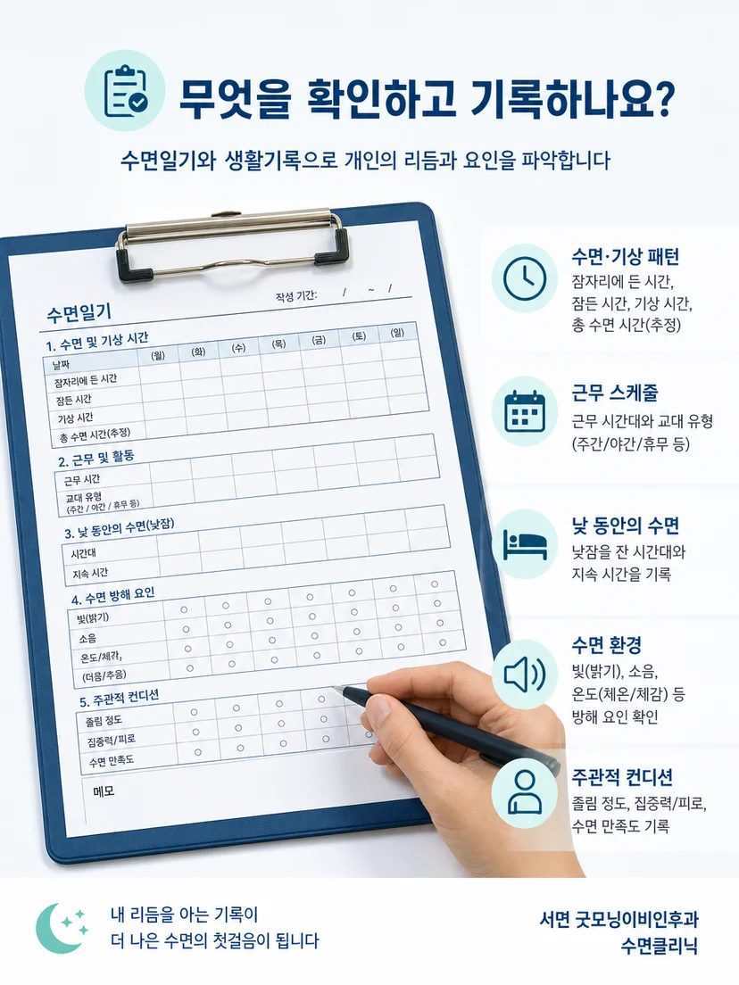 근무표와 수면일기로 낮 수면 패턴을 평가하는 과정