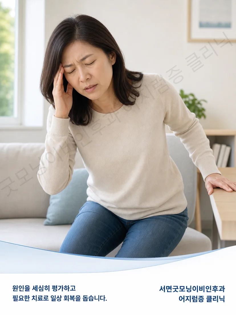 머리 자세 변화와 짧게 반복되는 회전성 어지럼의 관계를 보여주는 도식