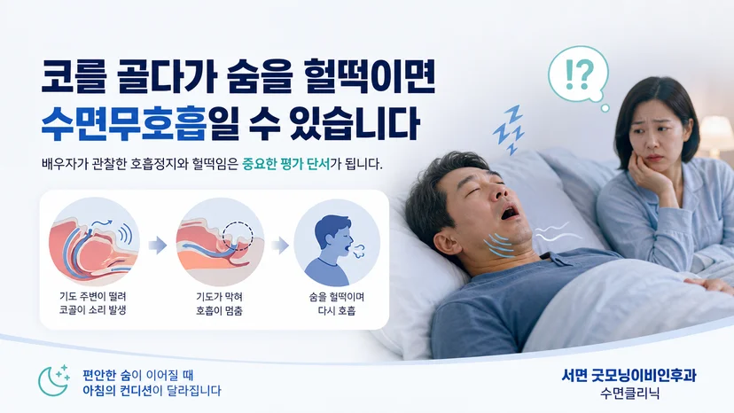코골이 뒤 호흡정지와 헐떡임이 이어지는 수면 호흡 신호 설명