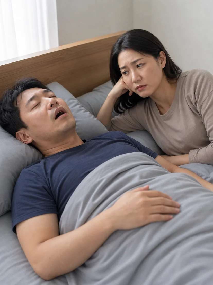 배우자가 코골이와 호흡정지 및 헐떡임 순서를 관찰하는 상황
