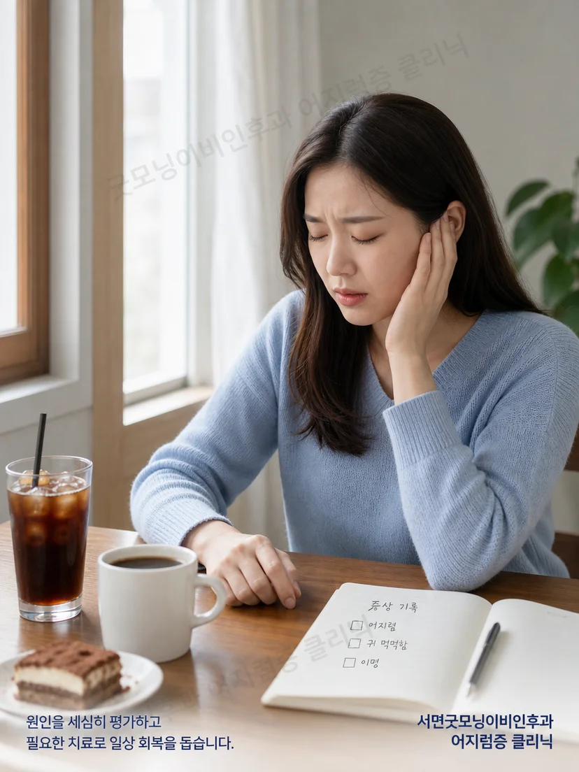 커피와 음주 후 어지럼 및 귀 증상을 살피는 환자 상황