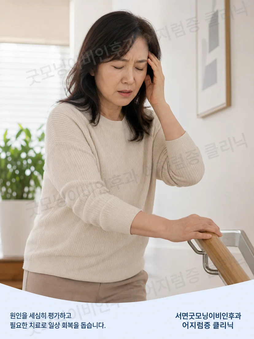 머리 움직임 중 시야 불편과 균형 저하를 느끼는 환자 상황