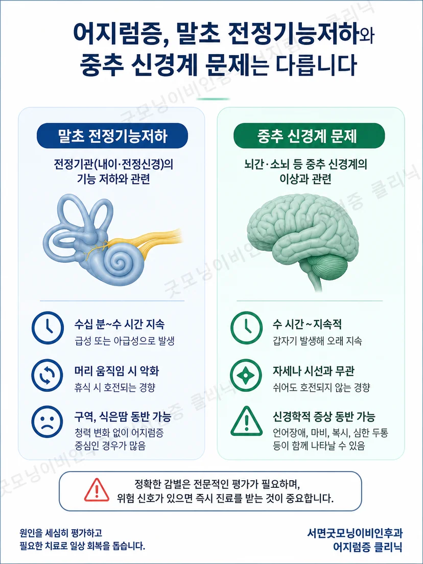 전정기능저하와 자세 변화로 유발되는 이석증 증상을 구분하는 설명