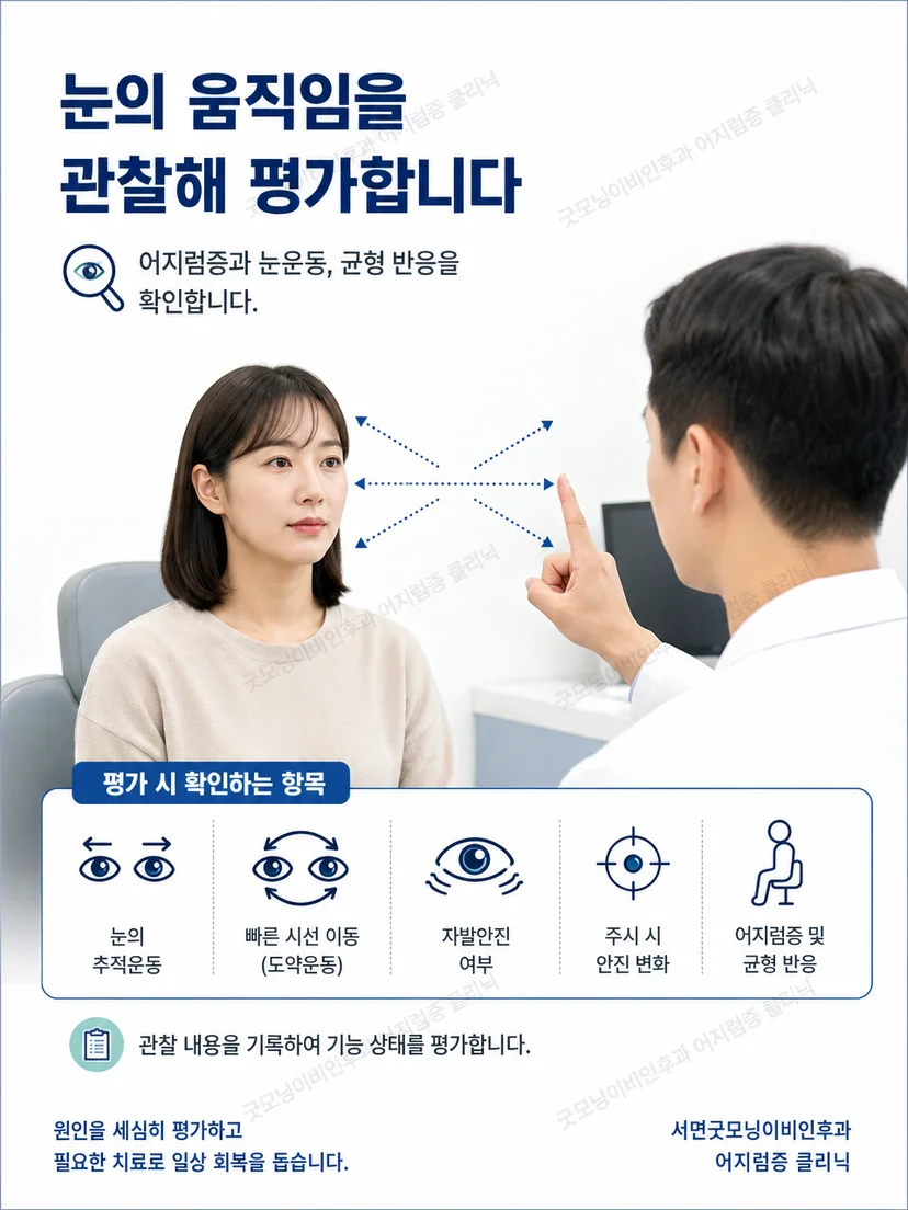 회전의자검사 중 눈 움직임을 기록하고 전정안반사를 확인하는 과정
