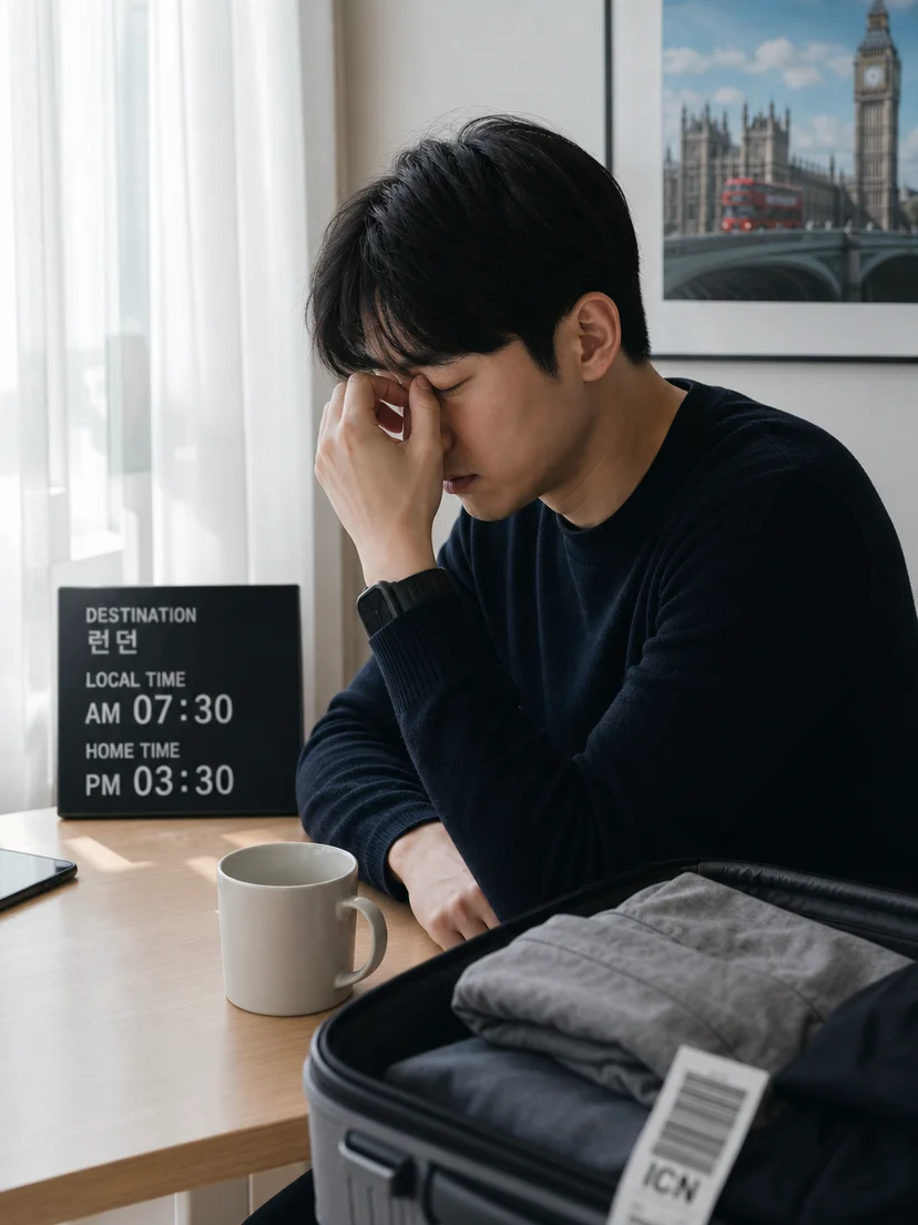 시차로 밤잠과 낮 활동이 어긋난 여행자의 생활 모습