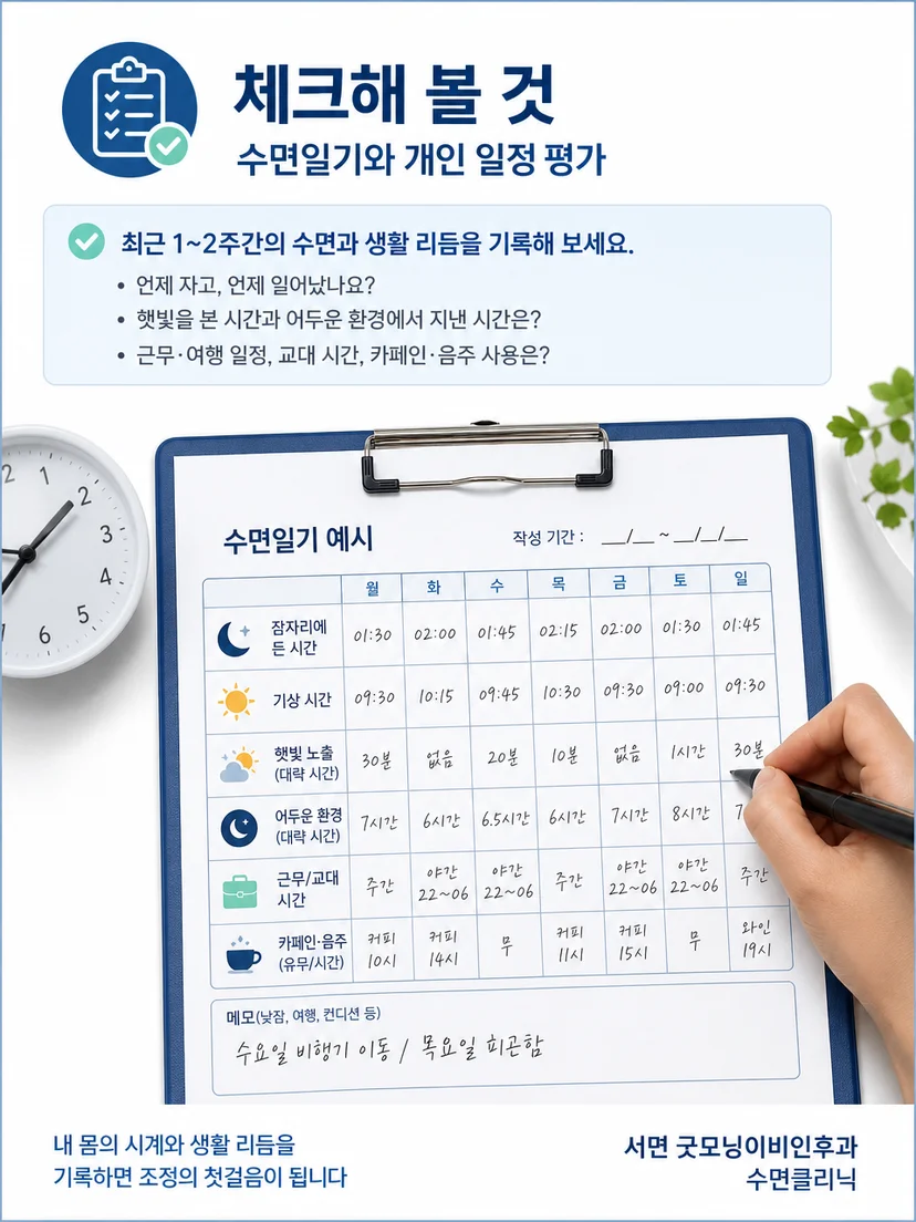 여행 일정과 수면일기를 함께 확인하는 생체리듬 평가 과정