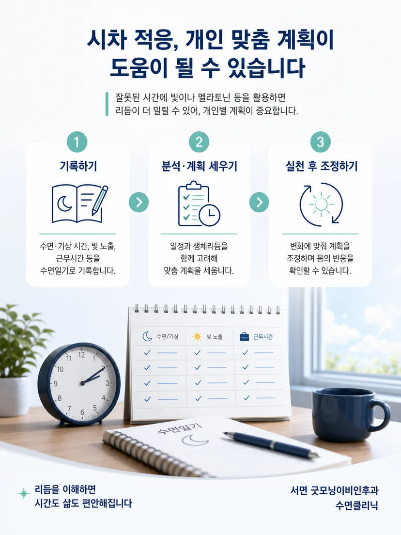 현지 시각에 맞춰 햇빛과 어둠, 수면 일정을 조절하는 방법