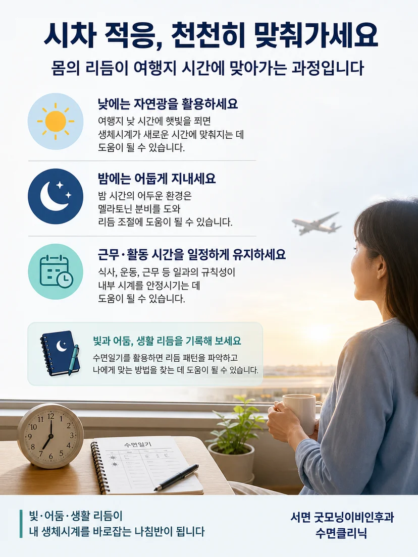 시차 적응을 위해 수면과 빛 노출 시간을 기록하는 실천 요약