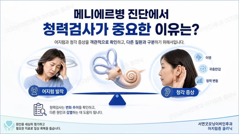 메니에르병의 어지럼과 청각 증상을 함께 설명하는 핵심 이미지