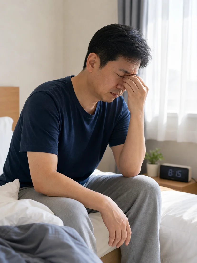 코골이와 수면 중 호흡 문제로 양압기를 사용하는 환자 상황