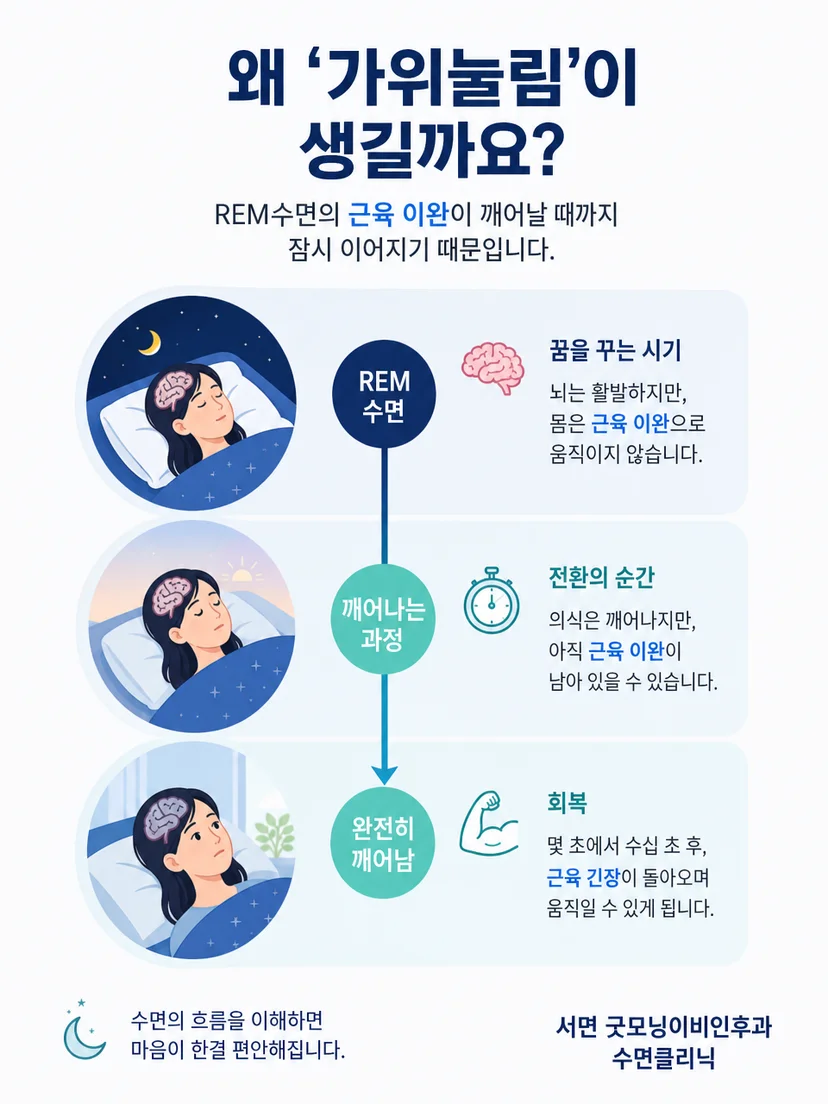 REM수면의 근육 이완과 의식이 깨어나는 순서를 나타낸 설명 그림