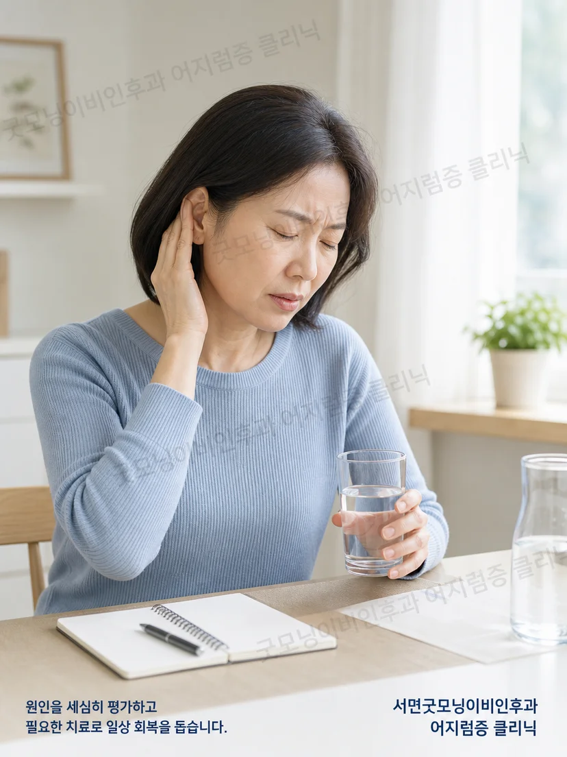 시간대에 따라 달라지는 수분 섭취와 어지럼 증상을 기록하는 환자 상황