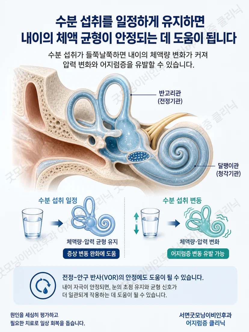 메니에르병과 관련된 내이 체액 조절 원리를 설명하는 그림