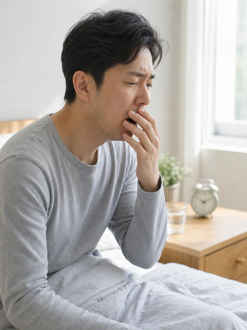 잠에서 깬 뒤 입마름과 야간 증상을 되짚어보는 환자 상황