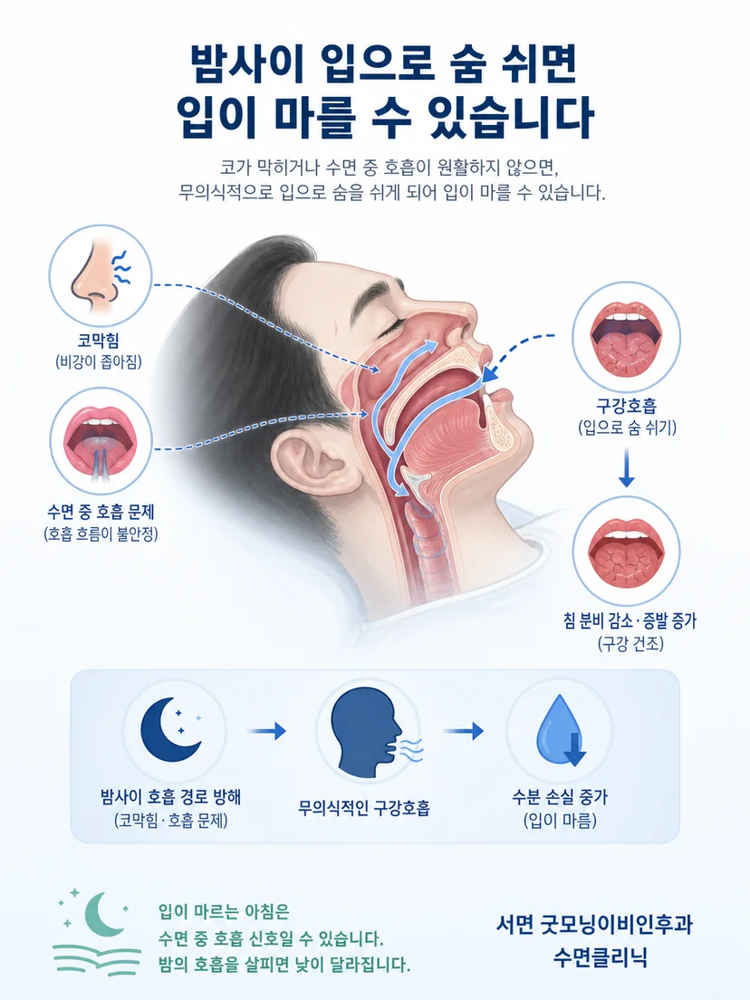 코호흡과 구강호흡이 입안 수분에 미치는 차이를 설명하는 이미지