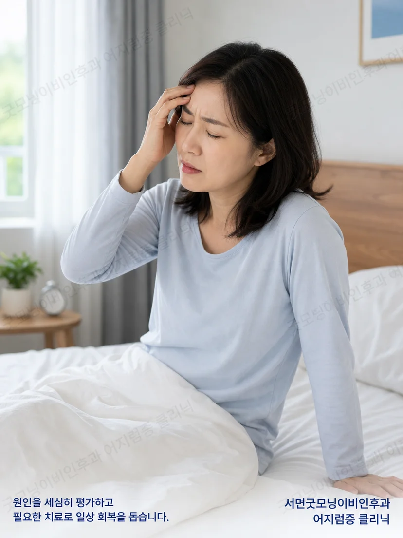 자세를 바꾼 뒤 어지럼과 안진 반응을 확인하는 환자 상황 설명