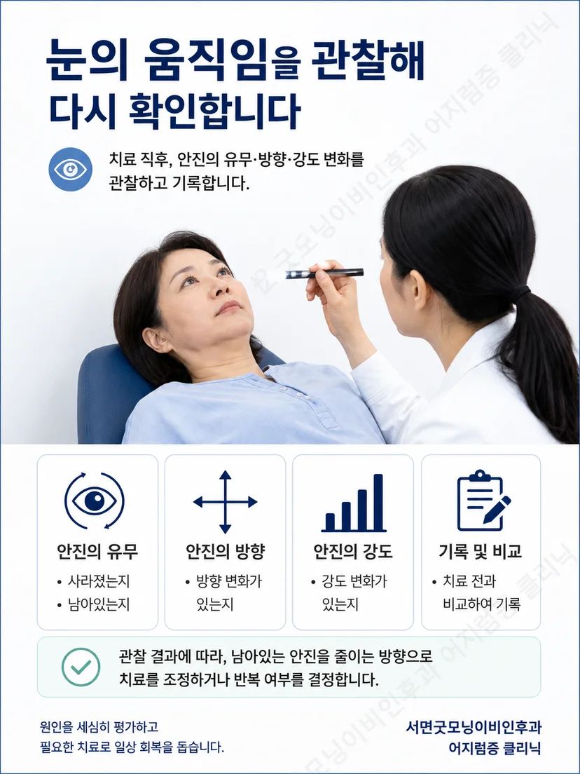 자세검사에서 눈의 움직임과 환자 상태를 함께 관찰하는 평가 과정