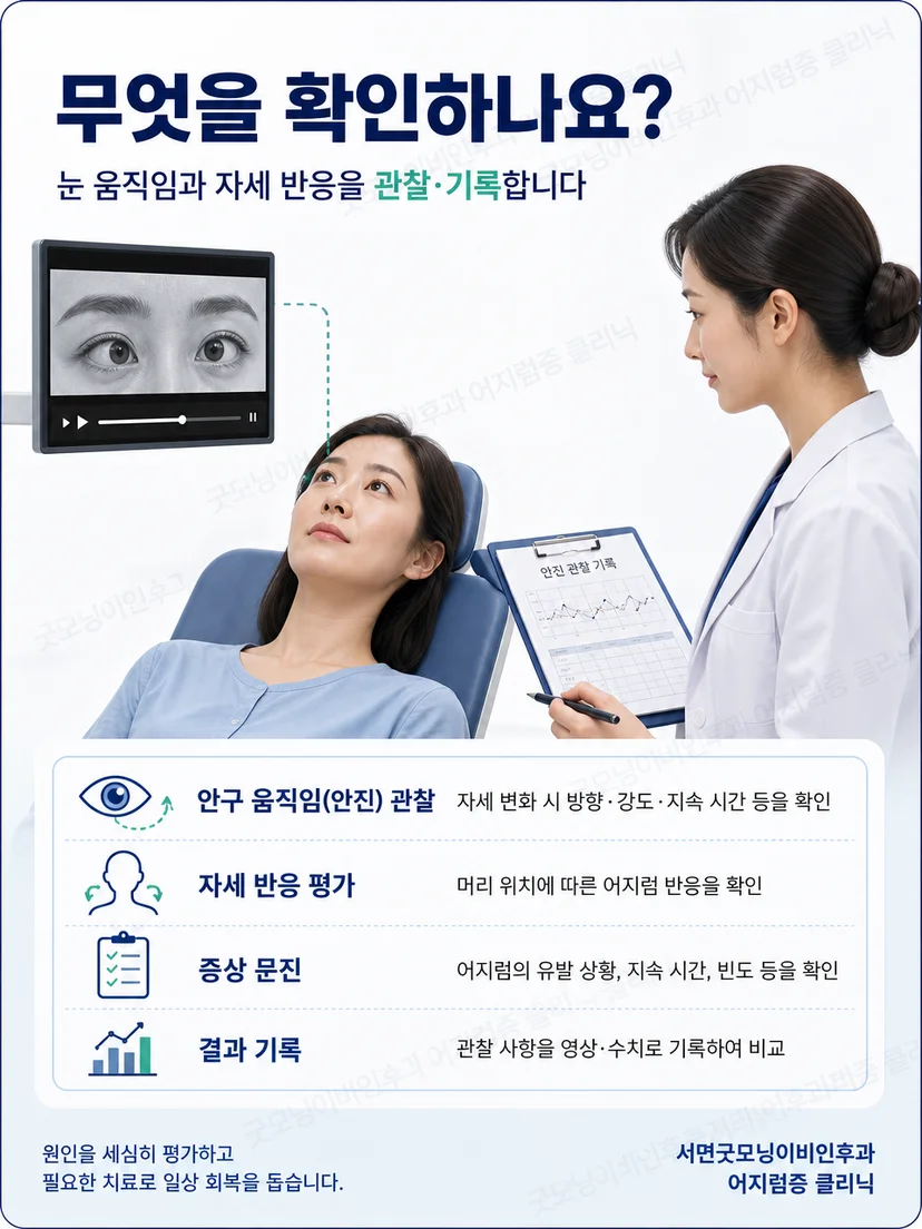 증상 문진과 자세별 안진 관찰 과정을 설명하는 평가 도식