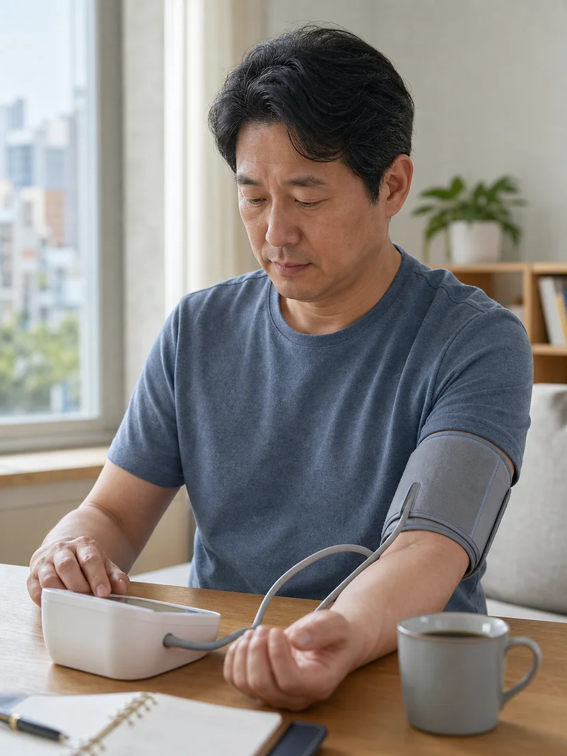 고혈압 환자가 코골이와 주간 피로를 함께 확인하는 상황