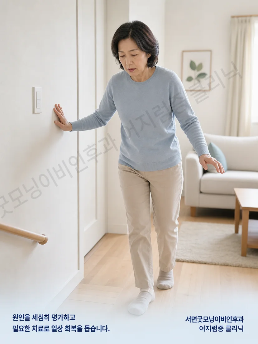 치료 후 걸을 때 흔들림과 잔여 어지럼을 느끼는 환자 상황