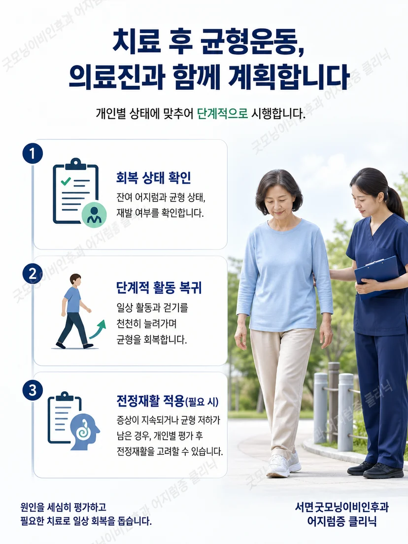 지지할 수 있는 환경에서 천천히 걷기와 균형 회복을 진행하는 장면