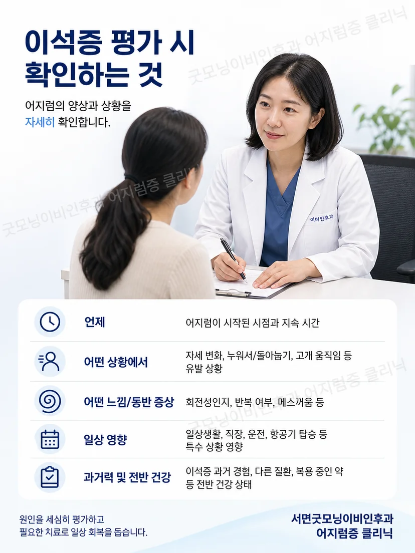 의료진이 이석증 환자의 자세 변화와 안진을 평가하는 과정