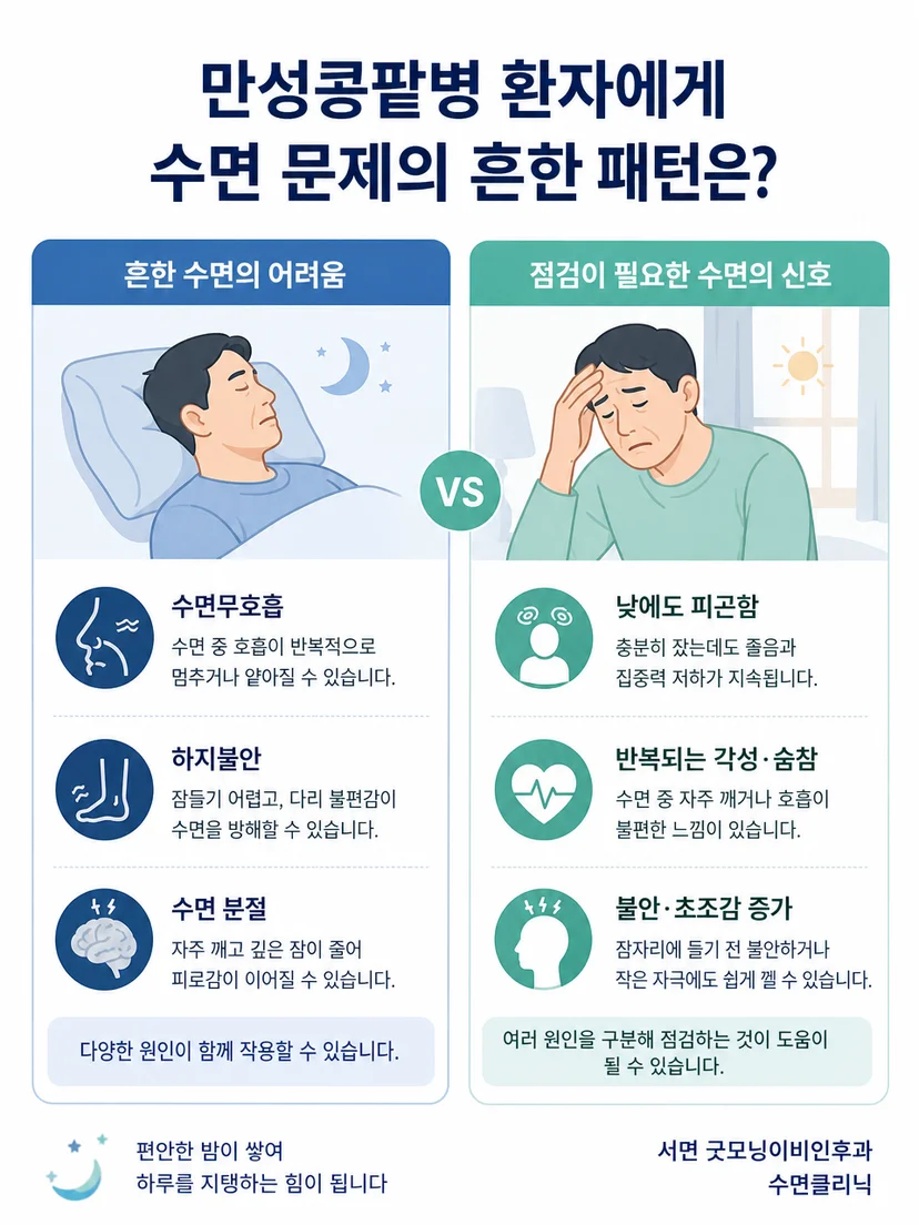 수면무호흡과 하지불안 및 수면 분절을 구별하는 단서