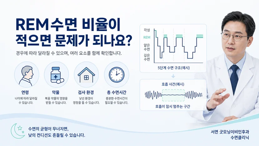 REM수면 비율을 전체 수면 구조와 함께 해석하는 개념 이미지