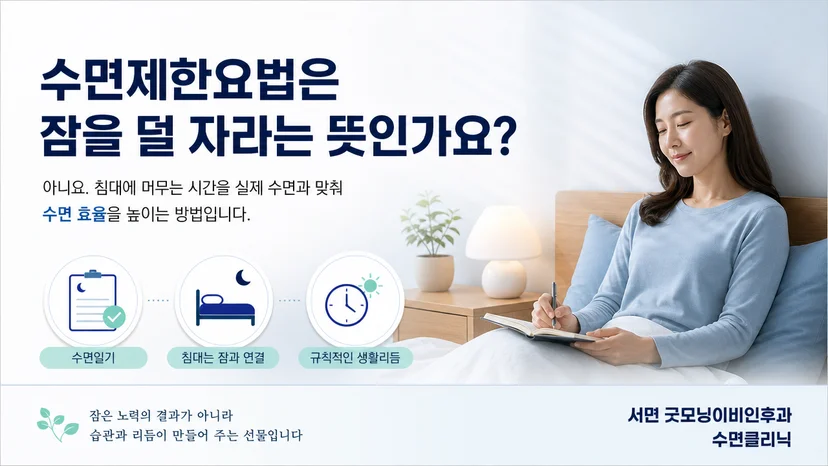 침대에 머무는 시간과 실제 수면 시간을 조정하는 수면제한요법 개념