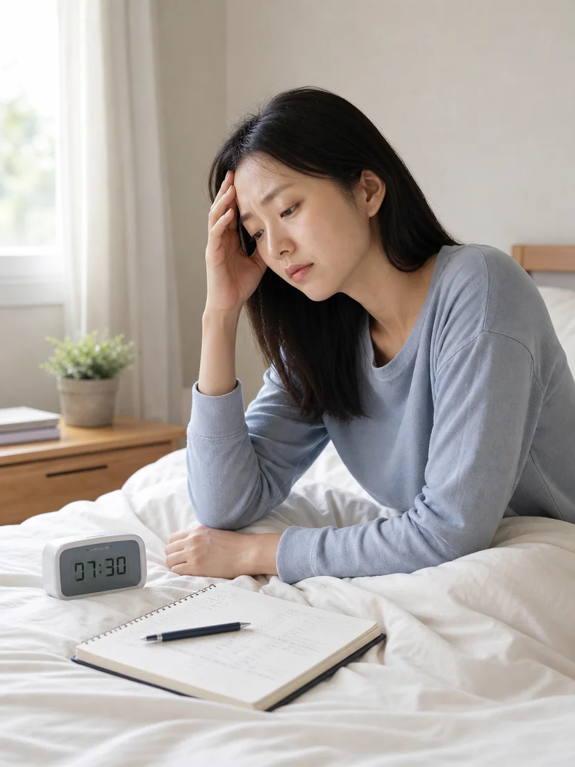 잠들기 위해 침대에 오래 머무르지만 각성이 이어지는 생활 상황