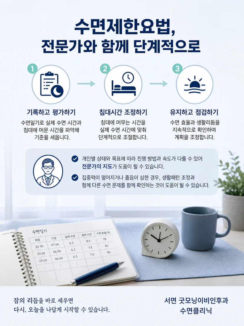 수면 기록을 검토하며 침대 시간을 단계적으로 조정하는 관리 과정