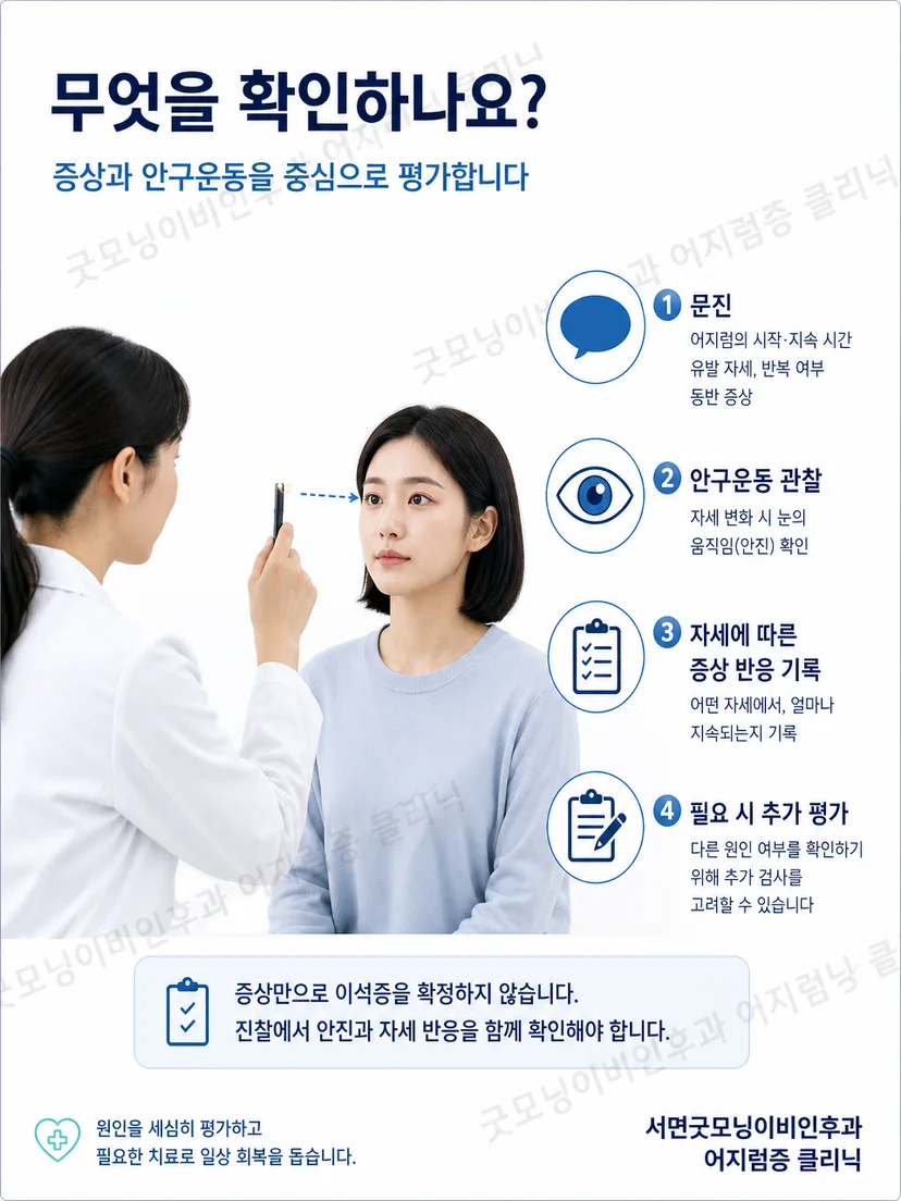 머리 자세에 따른 어지럼과 안진을 의료진이 확인하는 평가 과정