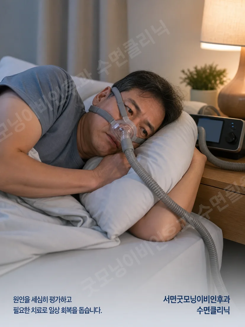 양압기를 착용한 채 밤중에 잠에서 깬 상황
