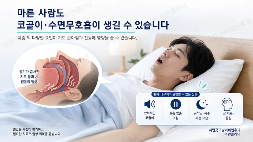 마른 체형에서도 코골이와 수면무호흡 가능성을 설명하는 그림