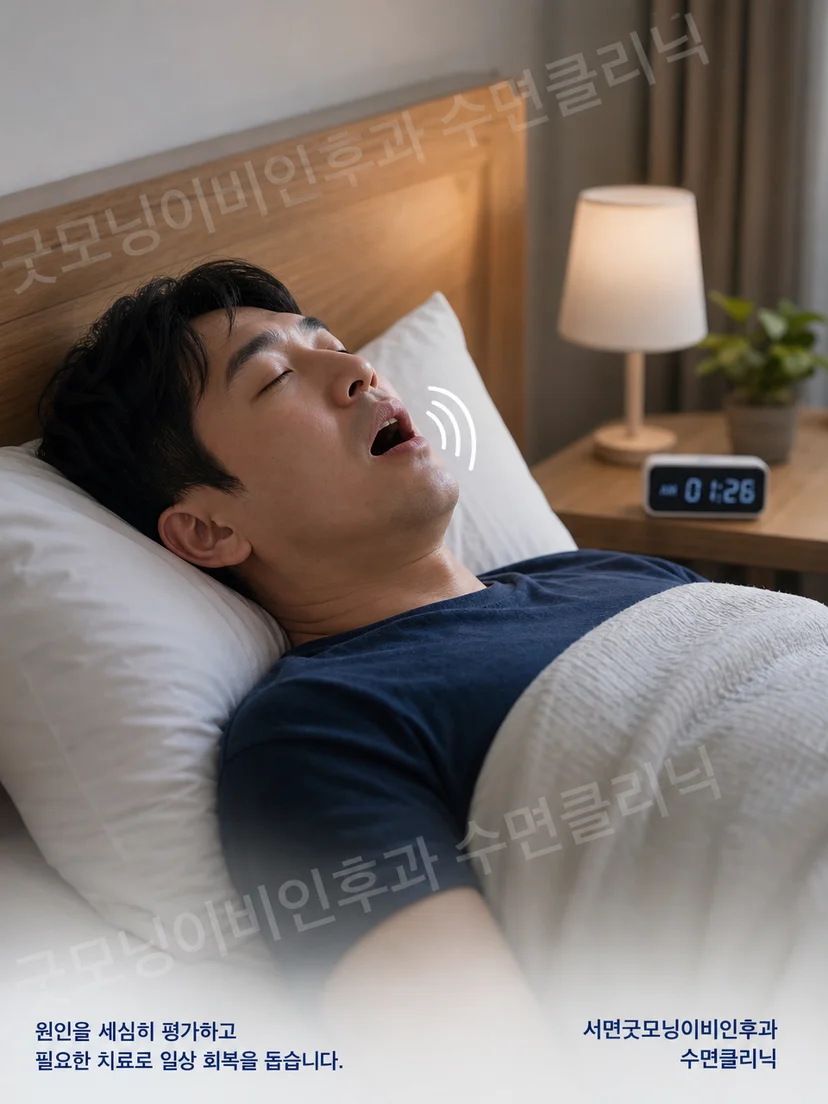 마른 사람이 코를 고는 여러 상황을 보여주는 그림